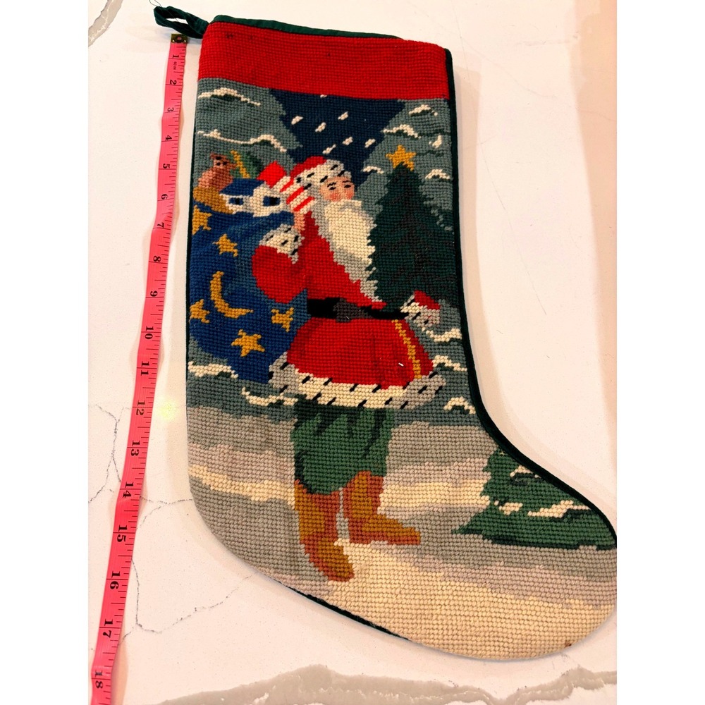 Vintage‎ Needlepoint Christmas Stocking Green Santa Wool Embroidery Holiday